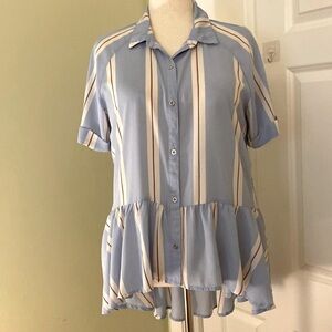 Ophelia Roe button down polyester red/light blue/red stripe high low blouse